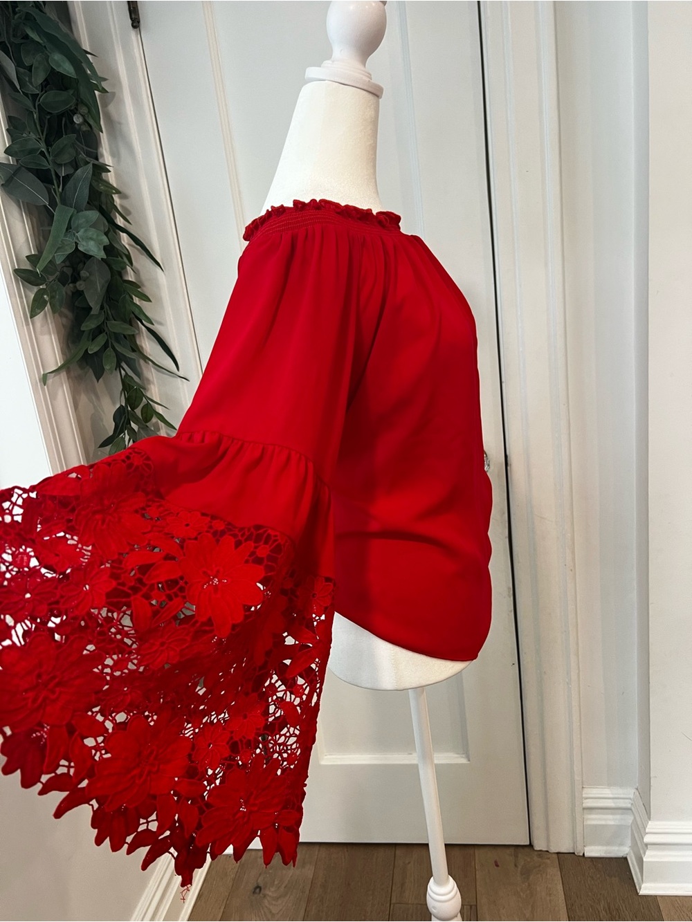 Joseph Ribkoff Red Off-Shoulder Lace Bell-Sleeve Blouse - Picture 7 of 9